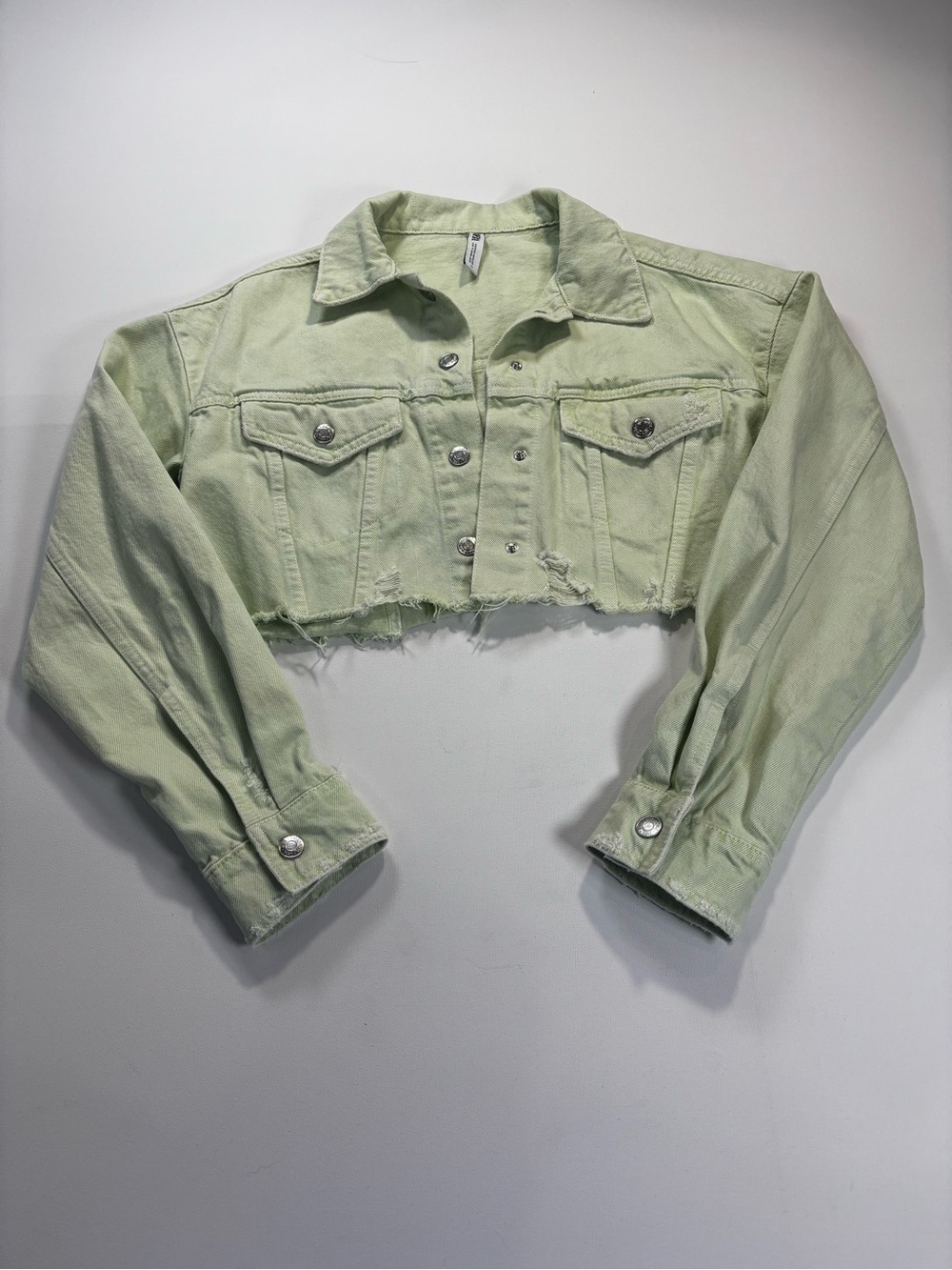 Zara Cropped Distressed Denim Jacket in Light Sage